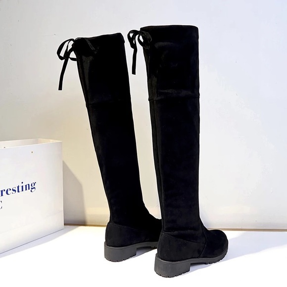 CLEARANCE RESTOCK Vegan Suede Velvet Black Sexy Flat Over Knee Line Boots - Picture 5 of 11